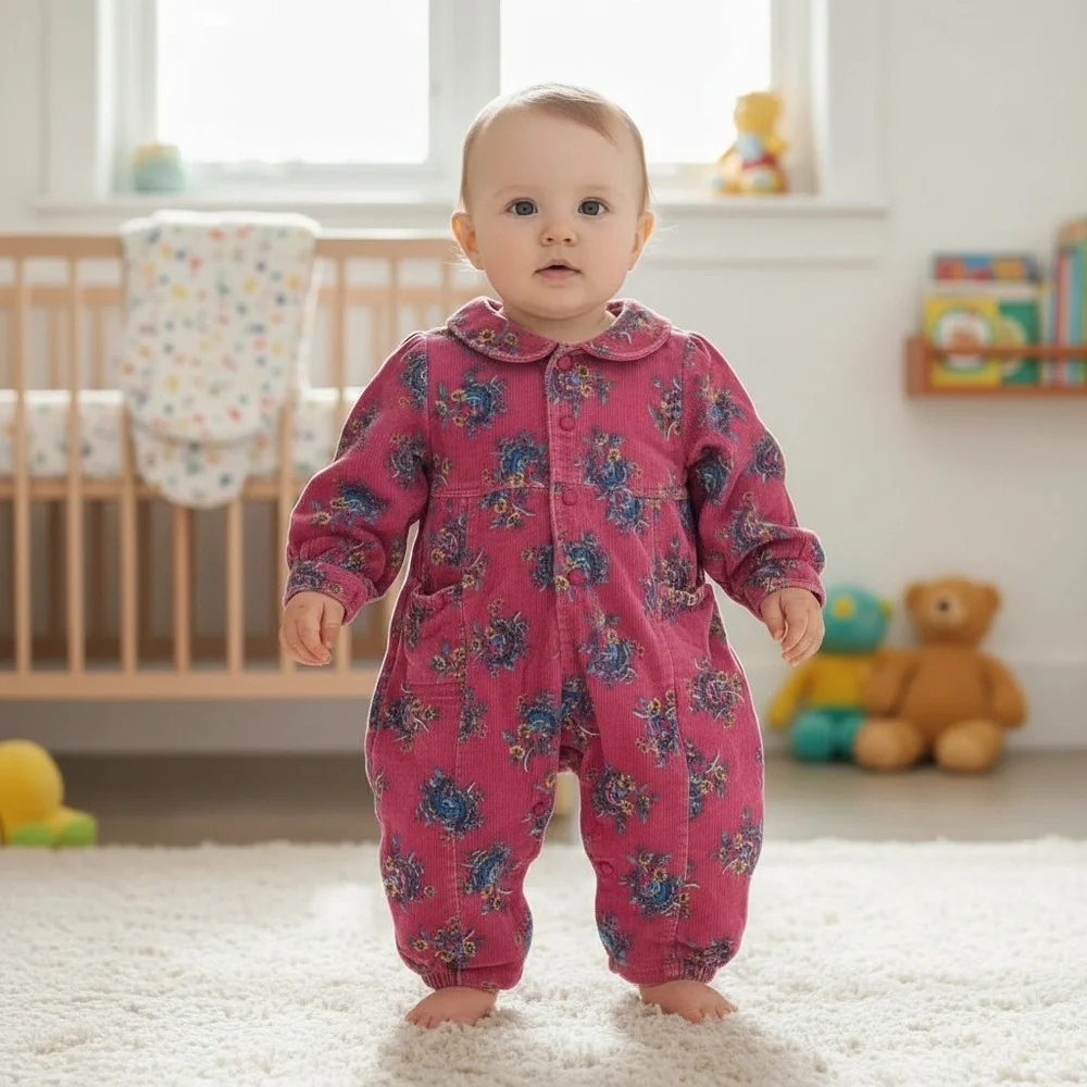 Vintage toddler 18M pink floral corduroy jumpsuit, cotton paisley.